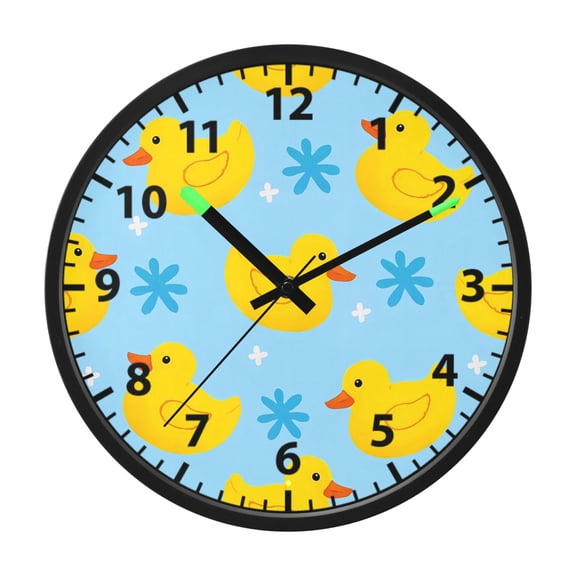 Yellow Duck Pattern Wall Clock 12 Inch Voice Activated Night Light Silent Non Ticking