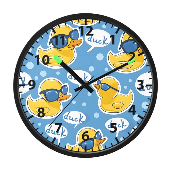 Yellow Duck Pattern Wall Clock 12 Inch Voice Activated Night Light Silent Non Ticking