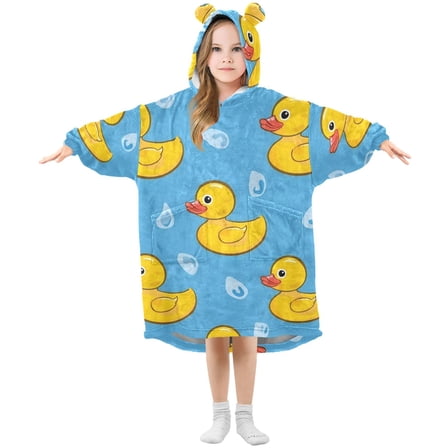 Yellow Duck Raindrops Flannel Wearable Blankets Hooded Design Long Sleeves Wrap Unisex for 3T-14Y S