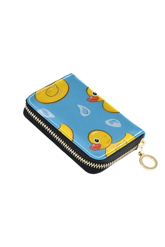 Yellow Duck Raindrops Women's Credit Card Holder PU Leather Zipper Wallet RFID Blocking