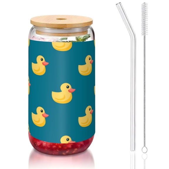 Yellow Duck Rubber Ducks 16oz Can Shaped Glass Cup with Bamboo Lid Straw Brush, Reusable Iced Coffee Beer Can Glass Tumbler for Soda, Tea, Cocktails