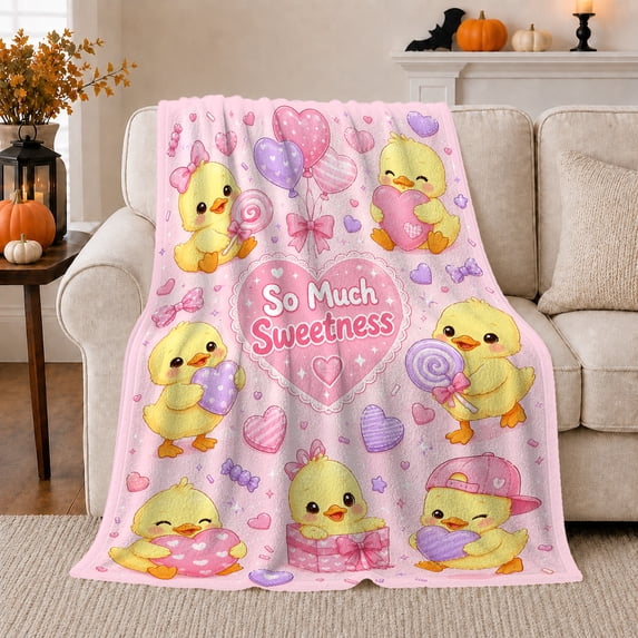 Yellow Ducklings with Sweetness Quote, Cheerful Whimsical Style for Duck Lovers, Pink Balloon Candy Scene and Birthday Gift, Soft Flannel Blanket for Nursery and Playroom, Cute Home Decor