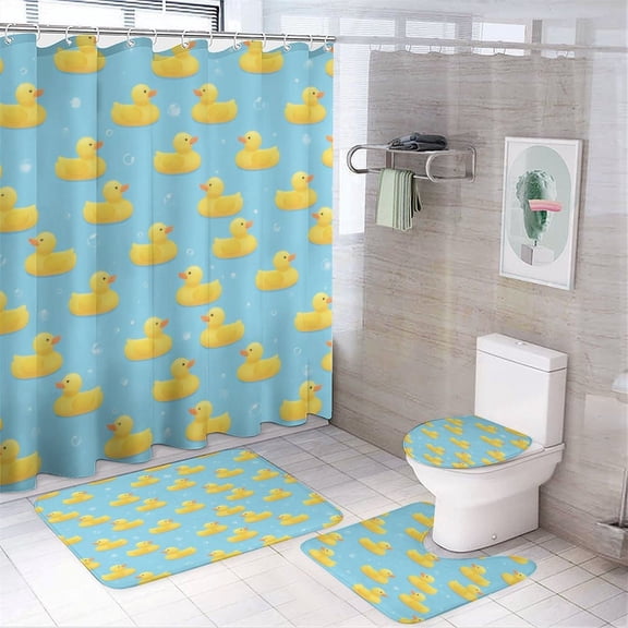 Yellow Ducks on Blue with Bubbles Shower Curtain Waterproof Bathroom Curtain Set with Hooks Home Decor Bathroom Curtains 4pcs