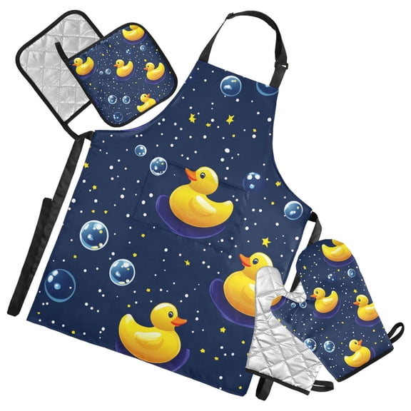 Yellow Ducks with Bubbles Oven Mitts and Pot Holders with Chef Apron Set 5 Pcs Kitchen Cooking Set