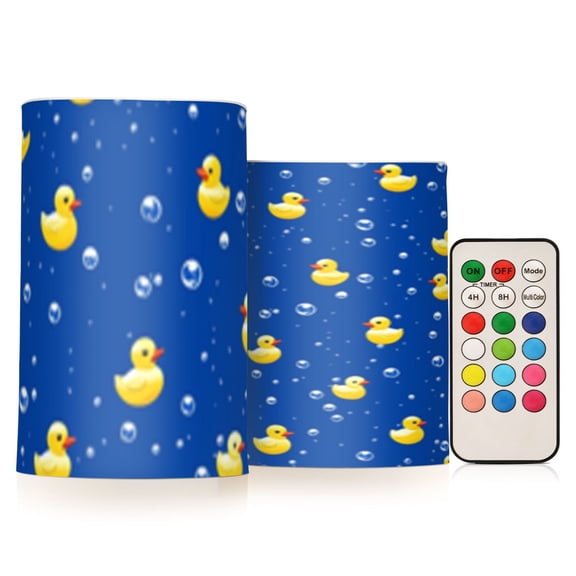 Yellow Ducks with Bubbles on Blue Flickering Flameless Candles Battery Operated with Remote Timer LED Pillar Candles Set of 2