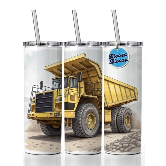 Yellow Dump Truck Construction Equipment 20oz Insulated Water Bottle Skinny Tumbler Includes Straw