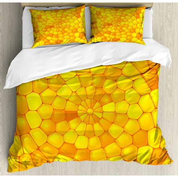 Yellow Duvet Cover Set, Abstract Corn Pattern with Vivid Colored Design Elements Country Life Themed, Decorative 3 Piece Bedding Set with 2 Pillow Shams, Queen Size, Orange Yellow, by Ambesonne