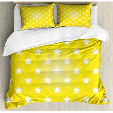 Yellow Duvet Cover Set, Bursting Vibrant Hanging Stars Fun Retro with Graphic Design Print, Decorative 3 Piece Bedding Set with 2 Pillow Shams, Calking Size, White Yellow, by Ambesonne
