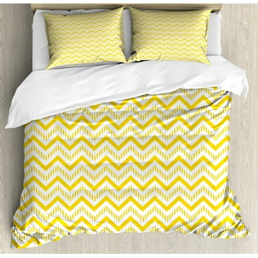 Yellow Duvet Cover Set, Chevron Abstract Zig Zag Pattern Striped Cool Geometric 90s Style Retro Art, Decorative 3 Piece Bedding Set with 2 Pillow Shams, Calking Size, White and Yellow, by Ambesonne
