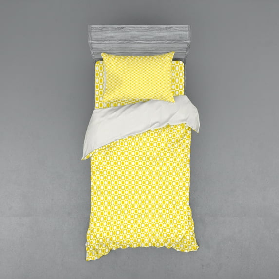 Yellow Duvet Cover Set, Circles in Squares Dots Like Patterned Modern Cool Geometric Print, Bedding Set with Shams and Fitted Sheet, 3 Sizes, by Ambesonne