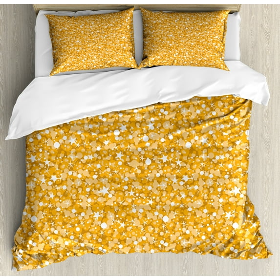 Yellow Duvet Cover Set, Golden Yellow Texture with Retro Polka Dots and Stars Christmas Ornamented Image Print, Decorative 3 Piece Bedding Set with 2 Pillow Shams, Queen Size, Orange, by Ambesonne