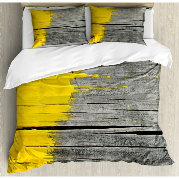 Yellow Duvet Cover Set King Size, Ancient Wooden Board with Yellow Paint Splashes Brush Stroke Grunge Design Elements, Decorative 3 Piece Bedding Set with 2 Pillow Shams, Yellow Grey, by Ambesonne