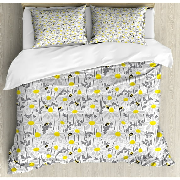 Yellow Duvet Cover Set Queen Size, Pattern with Bees and Chamomile Daisy Flowers in Flourishing Meadow Nature, Decorative 3 Piece Bedding Set with 2 Pillow Shams, Grey Yellow White, by Ambesonne