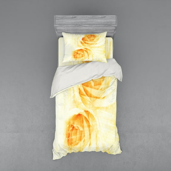 Yellow Duvet Cover Set, Rose Flower in Watercolor Effect Romantic Girly Classic Style Design Print, Bedding Set with Shams and Fitted Sheet, 3 Sizes, by Ambesonne