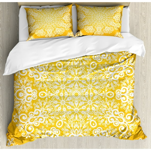 Yellow Duvet Cover Set, Snowflake Like Floral Pattern Design with Tribal Inspired Art, Decorative 3 Piece Bedding Set with 2 Pillow Shams, King Size, Yellow and White, by Ambesonne