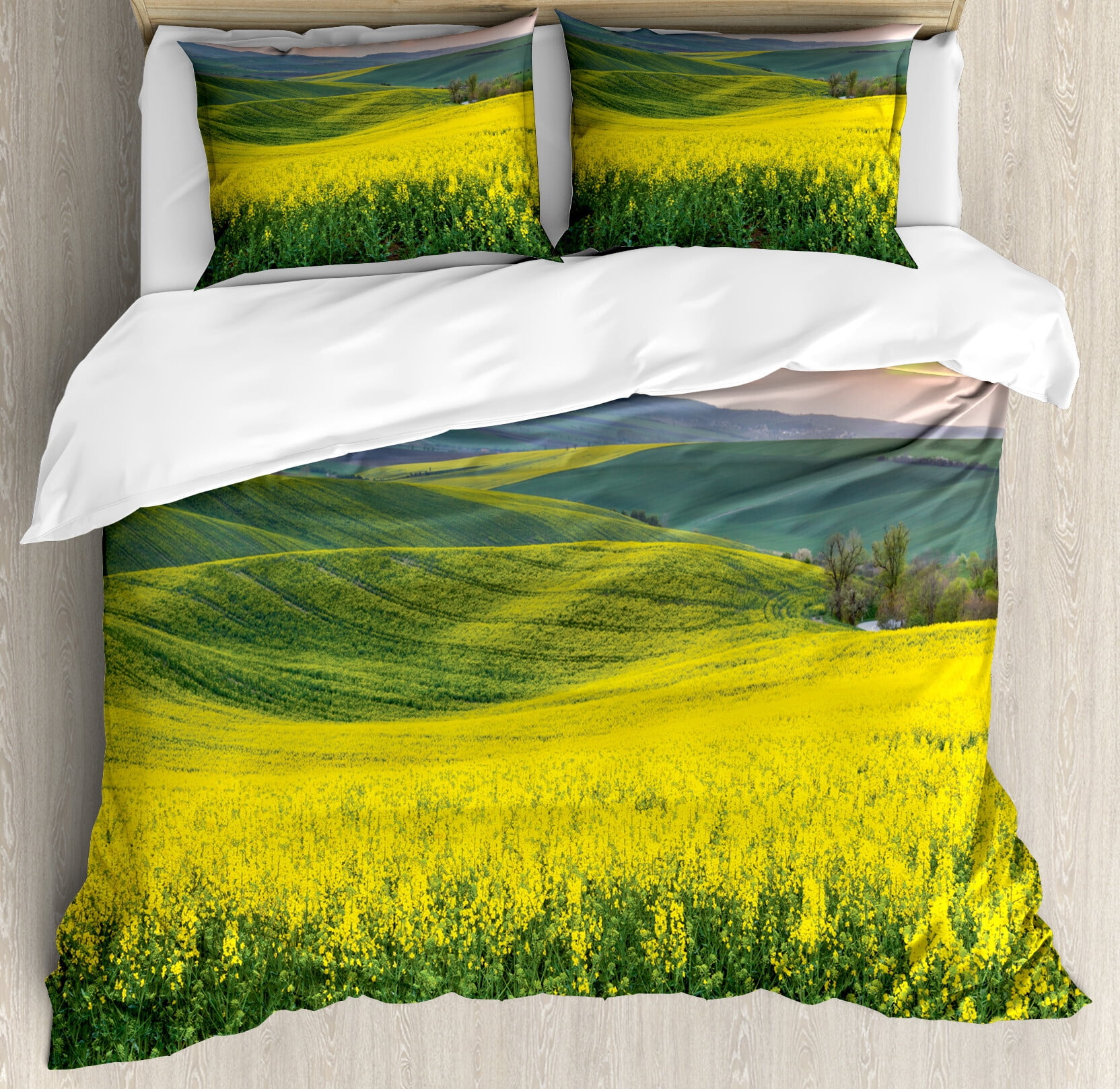 Yellow Duvet Cover Set, Spring Landscape Wildflower Fields Sunrise ...