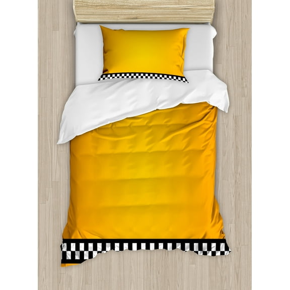 Yellow Duvet Cover Set, Taxi Cab Car Line of Checkers Classical American Vehicle Print, Decorative 2 Piece Bedding Set with 1 Pillow Shams, Twin Size, Orange White and Black, by Ambesonne