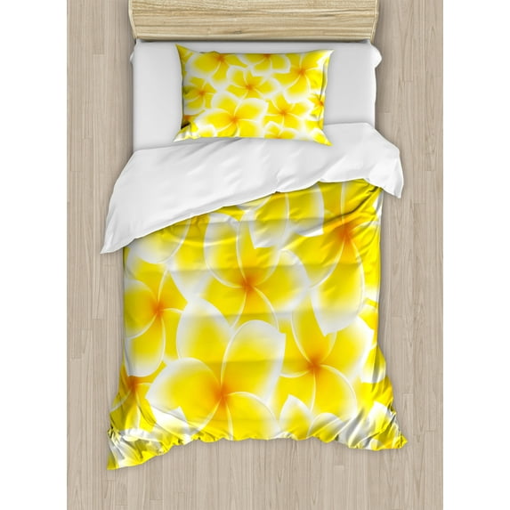 Yellow Duvet Cover Set Twin Size, Plumeria Frangipani Asian Cute Flower Blossom Pattern Hawaiian Style Artwork, Decorative 2 Piece Bedding Set with 1 Pillow Sham, Yellow and White, by Ambesonne
