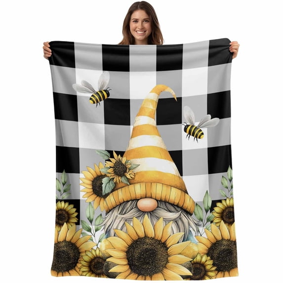 Yellow Dwarf Blanket Soft Cozy Warm Throw Blanket for Couch, Plush Fuzzy Flannel Fleece Blankets for Sofa, Sunflower Hat Bee Black White Plaid Bed Blankets Lightweight Gifts for Women, 50"x80"