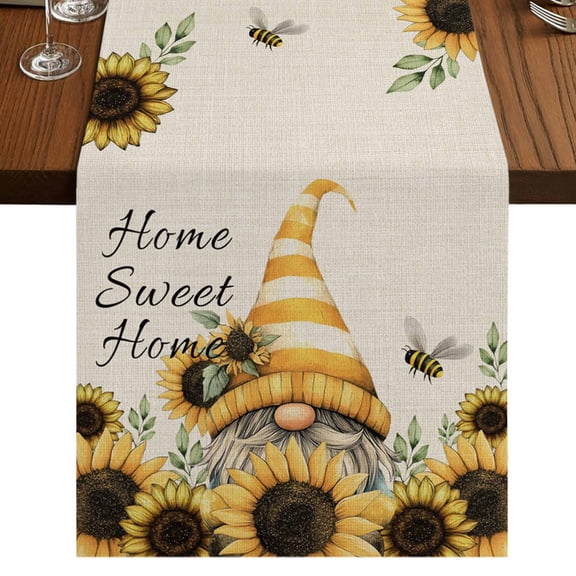 Yellow Dwarf Sunflowers 108 Inch Table Runner, Line Bee Green Leaves Farmhouse Dresser Scarf Cotton & Linen Tablerunner for Dining/Kitchen Island/Holiday Party Décor 13" x 108"