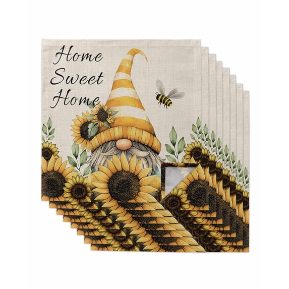 Yellow Dwarf Sunflowers Cloth Napkins Set of 8 Reusable Dinner Napkins, Line Bee Green Leaves Cocktail Napkin Washable Table Napkins for Wedding/Holiday Party/Baby Shower 20"x20"