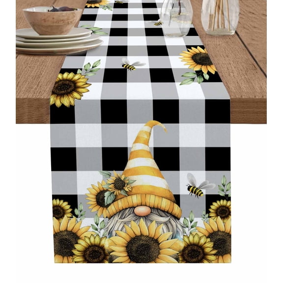 Yellow Dwarf Table Runner 48 Inches, Sunflower Hat Bee Black White Plaid Bed Runner Dresser Scarves Tabletop for Indoor Outdoor Parties/Ceremony/Banquet, 13" x 48"
