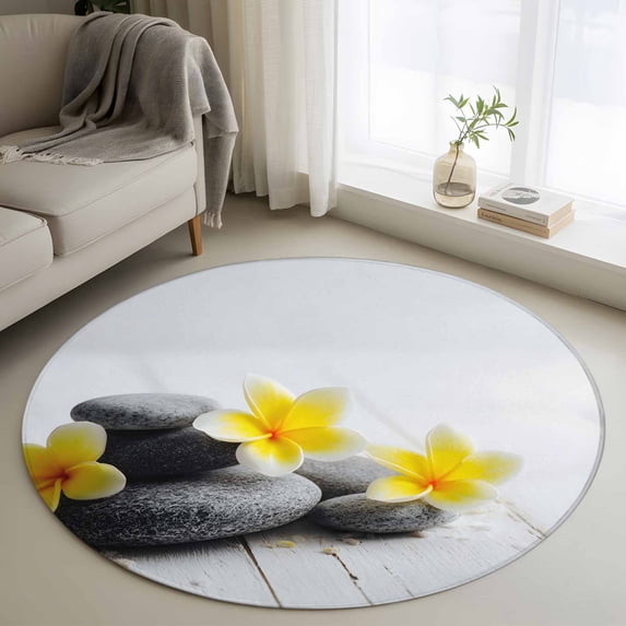 Yellow Egg Flowers Round Area Rug 3Ft Washable Small Circle Rugs for Kitchen Entryway, Plumeria Floral Stone Country Non-Slip Carpet Floor Mats Indoor Outdoor Carpet Runner Aesthetic Home Decor