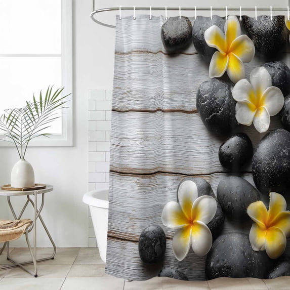 Yellow Egg Flowers Small Stall Shower Curtain, Waterproof Shower Curtains for Bathroom, Plumeria Floral Stone Farmhouse Wooden Washable Fabric Bath Curtain for Bathtub with Hooks 36x78 Inches