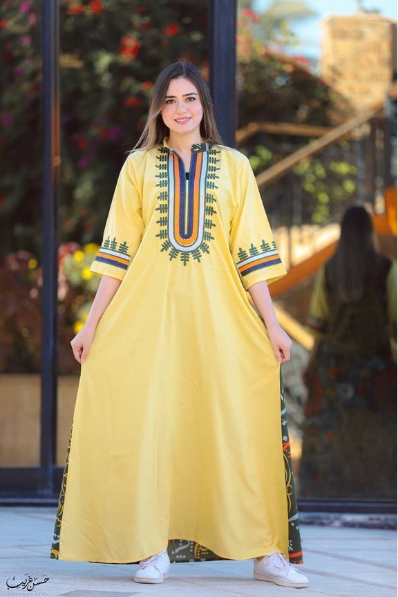 Yellow Egyptian Caftan, arabic pattern Elegant evening, maxi dress Comfort dress Materials: Egyptian cotton, Size: XL, Color: Yellow