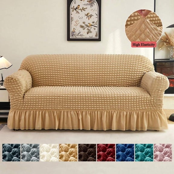 Yellow Elastic Sofa Cover With Ruffled Skirt Universal Pet-Resistant Living Room Slipcover