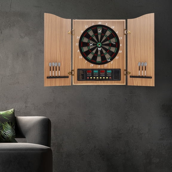 Yellow Electronic Dart Machine, Decorative Dartboard Cabinet Set, Dartboard Cabinet, Input: 100-240V, Output: 6.0V 0.45A 2.7W