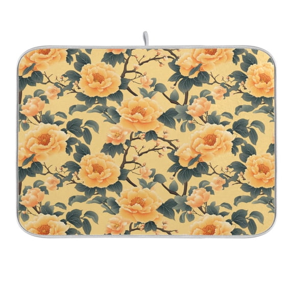 Yellow Elegant Flower Dish Drying Mat 16x18 Absorbent Microfiber Draining Rack Pad for Kitchen Counter Sink