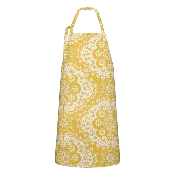 Yellow Ethnic Floral Pattern Apron-Garden Aprons for Women with Pockets-Cotton Linen Waterproof Kitchen Cooking Gardening Aprons Adjustable for Kitchen,Cooking,BBQ and Salon 33x27 Inch