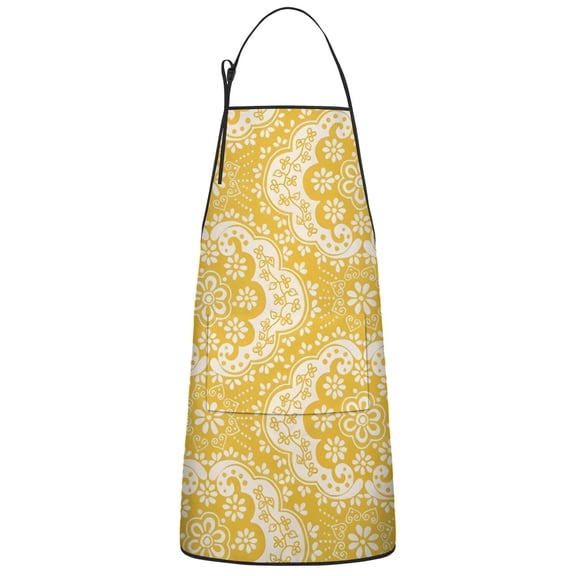 Yellow Ethnic Floral Pattern Apron-Garden Aprons for Women with Pockets-Cotton Linen Waterproof Kitchen Cooking Gardening Aprons Adjustable for Kitchen,Cooking,BBQ and Salon 33x27 Inch
