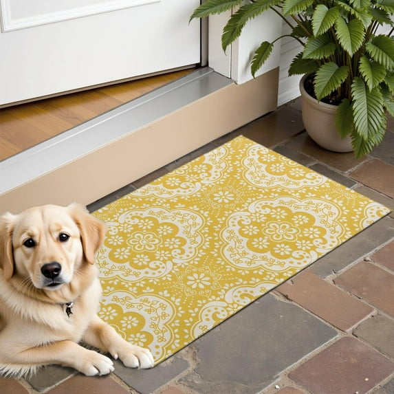 Yellow Ethnic Floral Pattern Door Rugs,Washable Non Slip Door Mats Indoor,Decorative Door Mats,Entry Mat Indoor for Entrance,Bedroom,Kitchen,Bathroom,16"x24"
