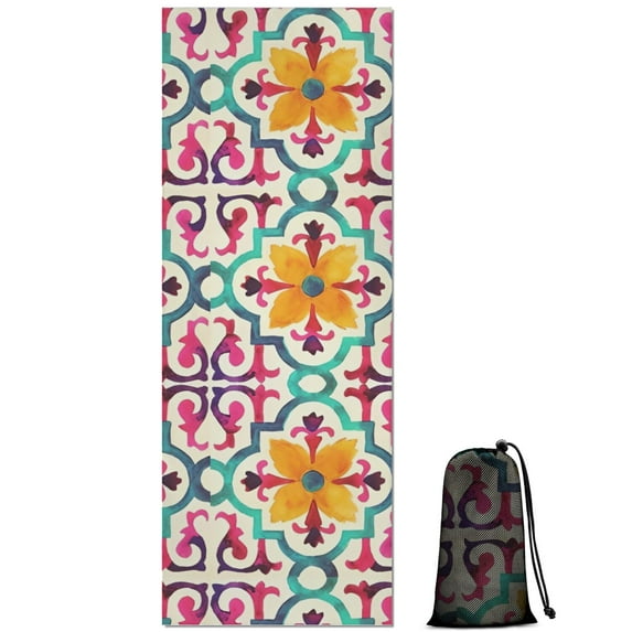 Yellow Ethnic Floral Pattern Hot Yoga Mat Towel Non Slip for Hot Yoga - Quick-Drying Yoga Mat Cover with 4 Corner Pockets with Travel Bag - Hot Yoga Towel Non Slip Grip Moisture Wicking Sweat 70"x26"
