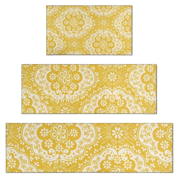 Yellow Ethnic Floral Pattern Kitchen Rugs Sets Of 3,Kitchen Runner Rugs Non Skid Washable,Decorative Kitchen Floor Mats for Kitchen,Sink,Laundry,17"x30"+ 17"x47" + 17"x59"