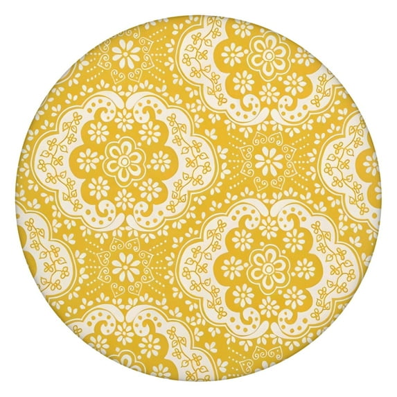 Yellow Ethnic Floral Pattern Round Fitted Tablecloth with Elastic Edge,Dining Table Cover Waterproof,Outdoor Round Tablecloth for Camping,Dining,Indoor and Outdoor