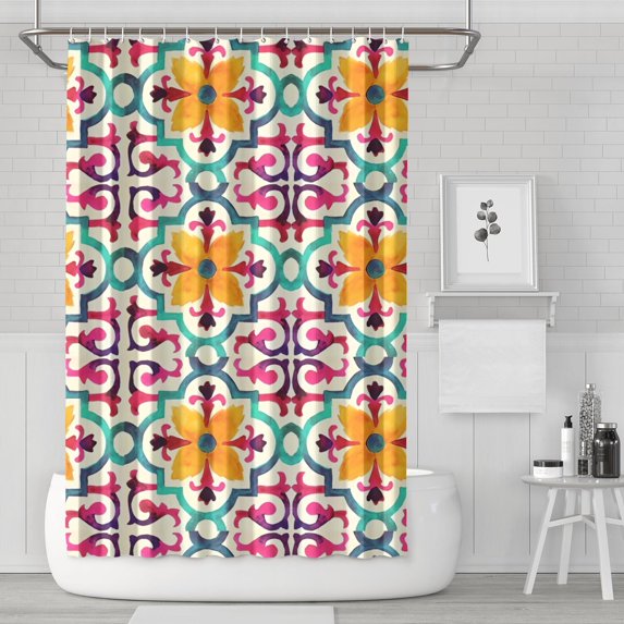 Yellow Ethnic Floral Pattern Shower Curtain 72"x72" ,Bathroom Decorative Shower Curtains Set with 12 Hooks,Modern Waterproof Washable Shower Curtain