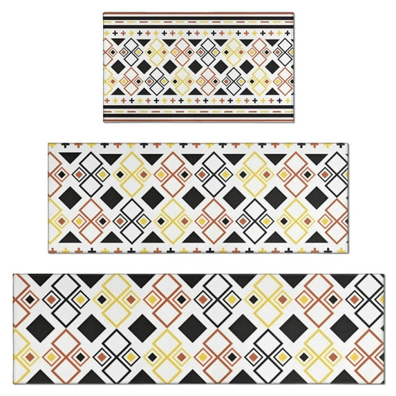 Yellow Ethnic Geometric Pattern Kitchen Rugs Sets Of 3,Kitchen Runner Rugs Non Skid Washable,Decorative Kitchen Floor Mats for Kitchen,Sink,Laundry,17"x30"+ 17"x47" + 17"x59"