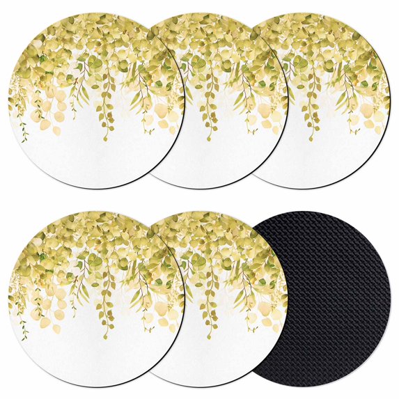 Yellow Eucalyptus Leaves Coasters Set of 6, Spring Floral Summer Botanical Absorbent Coasters for Drinks, Coaster for Bar Office Dining Coffee Table Accessories Decor, Non Slip Round Desk Coaster