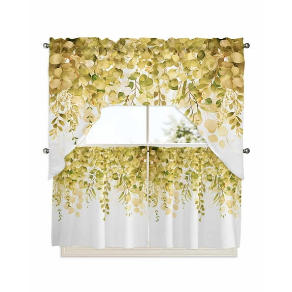 Yellow Eucalyptus Leaves Kitchen Curtain and Valance Set 3 Pieces,Rod Pocket Short Tier Curtains 24 Inch Length,Spring Floral Summer Botanical Swag Topper Small Window Treatment for Cafe Bathroom