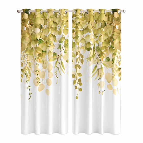 Yellow Eucalyptus Leaves Kitchen Curtains 96 Inch Length, Spring Floral Summer Botanical Grommet Top Bedroom Living Room Curtains, Light Filtering Cafe Curtain Drapes 2 Panels Set 104''x96''