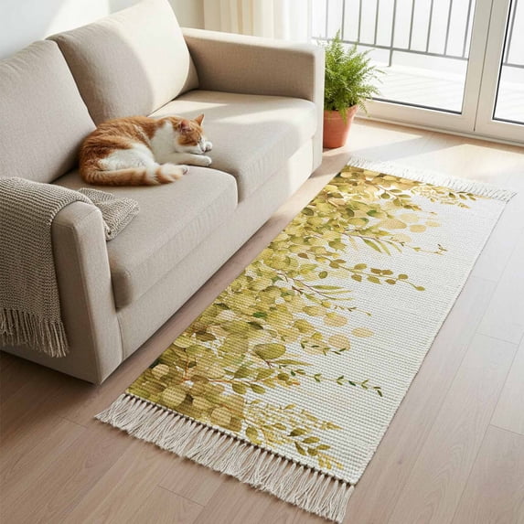 Yellow Eucalyptus Leaves Kitchen Runner Rug 2'x4', Spring Floral Summer Botanical Washable Rug with Tassels, Non Slip Woven Cotton Bathroom Rugs Hallway Carpet for Foyer Bedroom Entry Back Door Decor