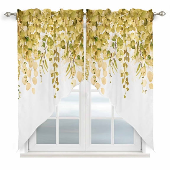 Yellow Eucalyptus Leaves Kitchen Window Curtains, Swag Curtains Valance for Bedroom Living Room Bathroom, Spring Floral Summer Botanical Rod Pocket Window Curtain Block Drapes 2 Panels 28"x36"