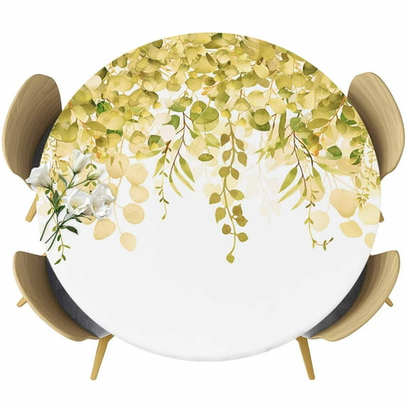 Yellow Eucalyptus Leaves Round Tablecloth 36-44 Inch Round Fitted Table Cloth with Elastic Edge, Spring Floral Summer Botanical Waterproof Table Cover Protector for Outdoor Picnic Party Dining