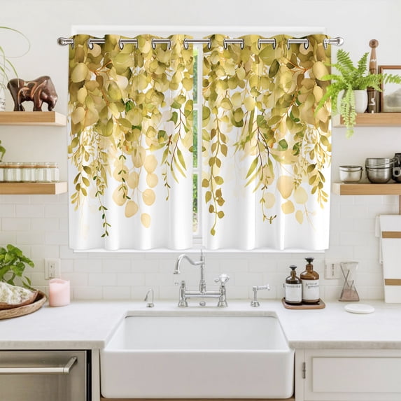 Yellow Eucalyptus Leaves Window Curtains Panels with Grommet, Spring Floral Summer Botanical Kitchen Cafe Curtain Draperies Window Treatment Set for Living Room/Bedroom/Laundry/Bathroom, 104x63