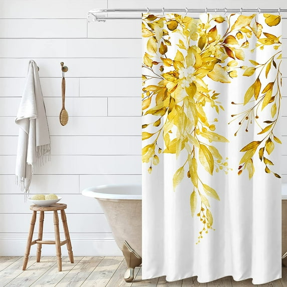Yellow Eucalyptus Shower Curtain Sets, Watercolor Bright Leaves on The Top Plant with Floral Bathroom Decoration 36x72 Inch with Hooks