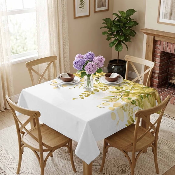 Yellow Eucalyptus Square Tablecloth 54x54 Inch Watercolor Leaves Waterproof Polyester Tablecloth for Dining Table, Washable Table Cover for Kitchen Dining Room Wedding Decoration,Stain Resistant