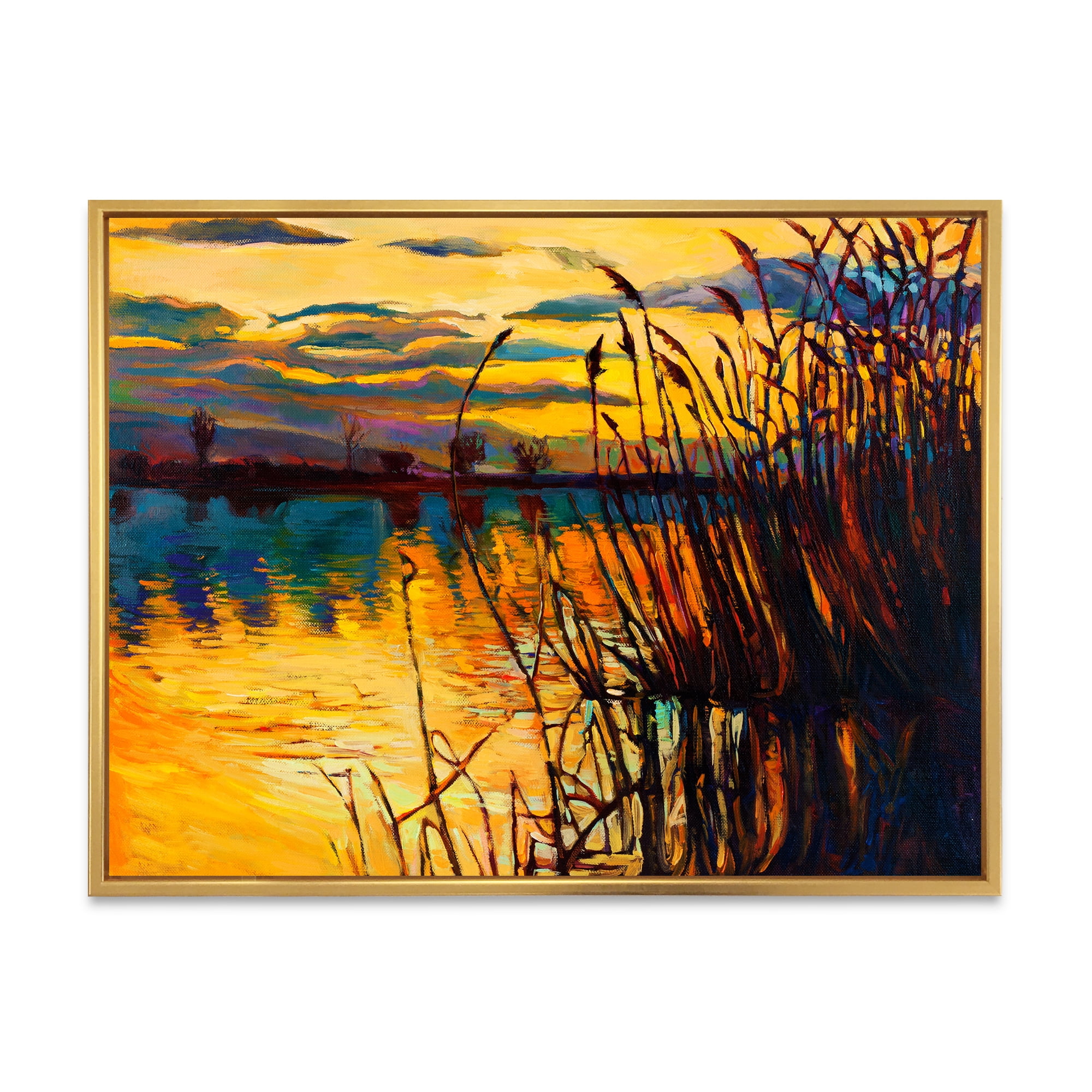 Yellow Evening Glow Through The High Grass By The Lake 32 in x 24 in Framed Painting Canvas Art Print, by Designart